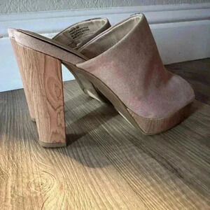 Chinese Laundry Blush Tan Suede Mules Platform Block Heel Women’s Size 6